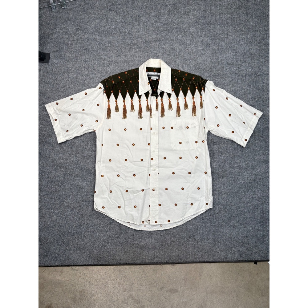 Plain Clothes by ICI Mens Medium White Western Tassel Graphic Cotton‎ Shirt SS